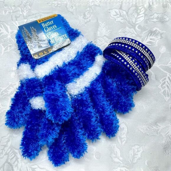 Blue Monday 2-piece Lot: Gold Medal Butter Fuzzy Gloves & Double-wrap Wristband - Picture 1 of 7